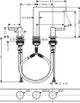 Technisches Diagramm einer hansgrohe Waschtischarmatur mit drei Anschlüssen, einschließlich Abmessungen und Montagehinweisen. Es zeigt auch die Verbindungselemente zur Wasserleitung.